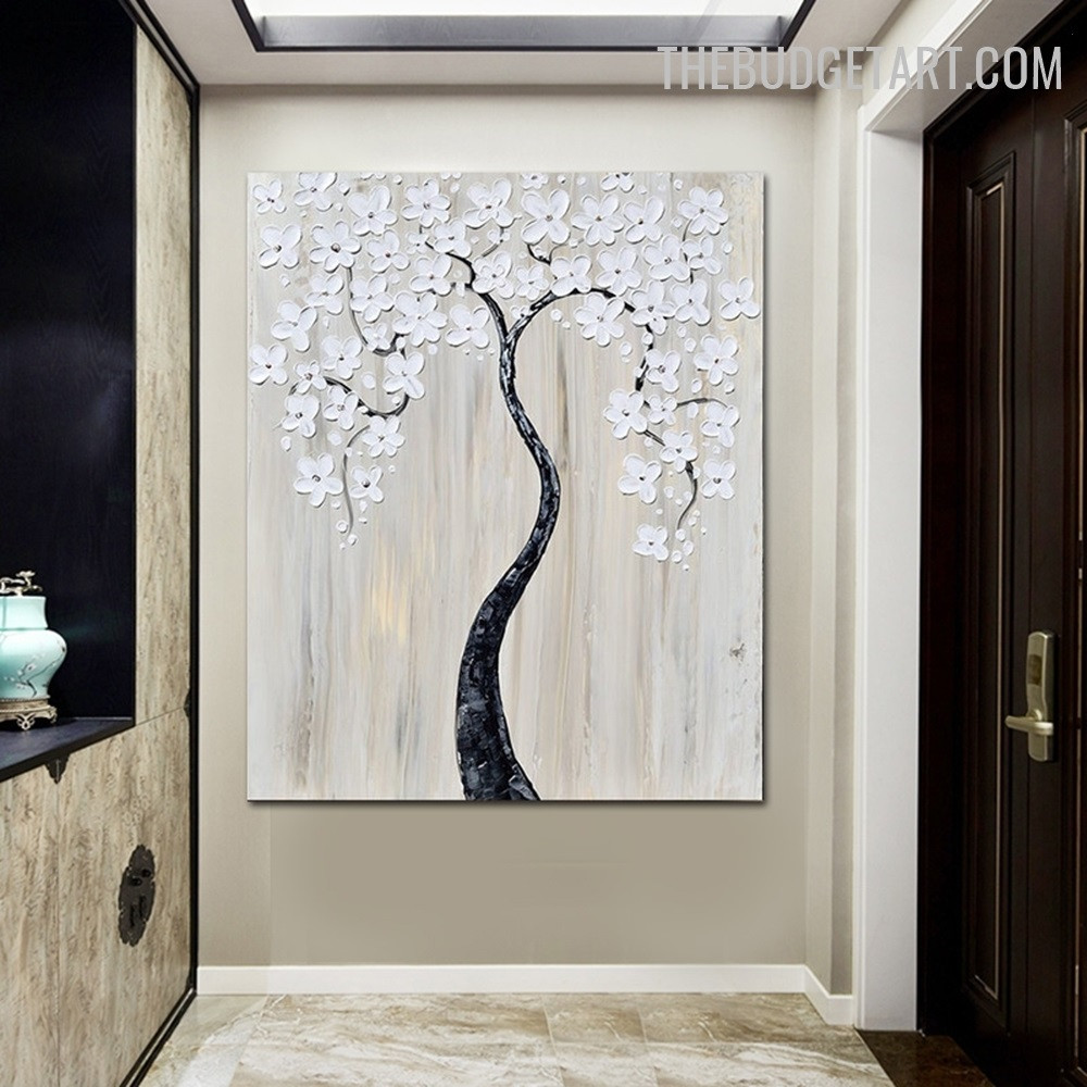 White Blossom Flower Botanical Handmade Palette Canvas Artwork by Experienced Artist for Room Wall Getup