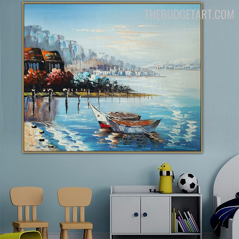 Sea Boats Houses Handmade Knife Abstract Landscape Canvas Painting for Room Wall Garniture Accent