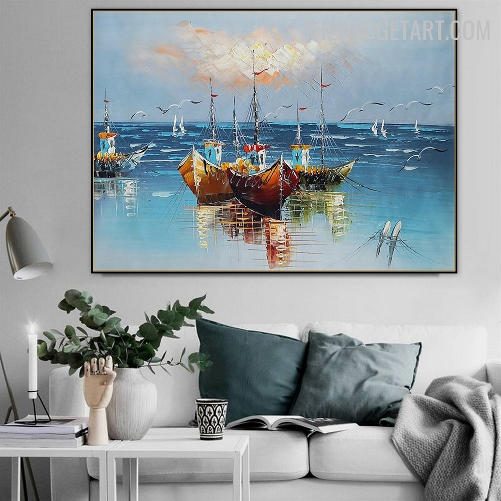 Ocean Waves Birds Landscape Art Handmade Canvas Artwork for Room Wall Finery