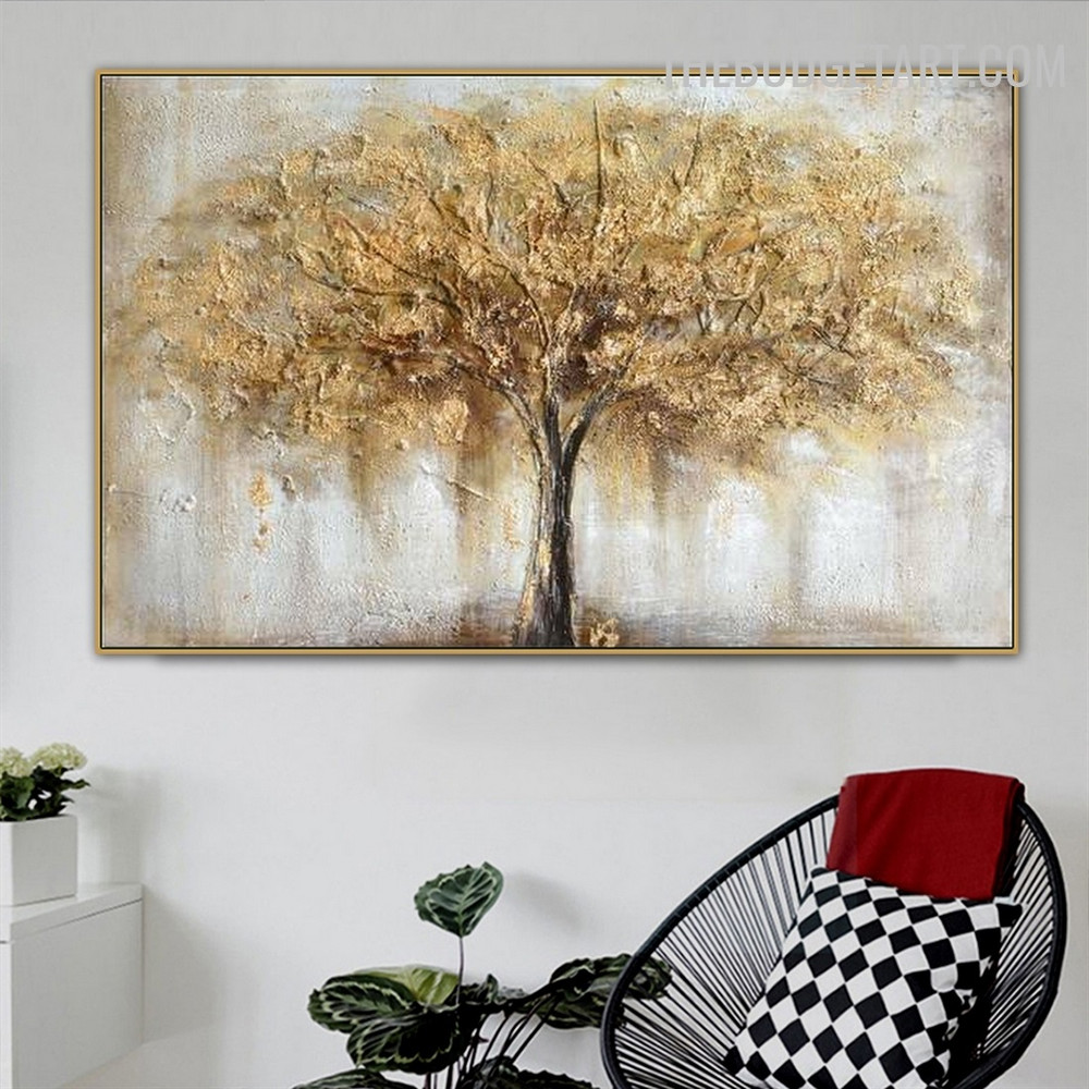 Golden Leaflets Abstract Botanical Handmade Texture Canvas Painting Done by Artist for Room Wall Outfit