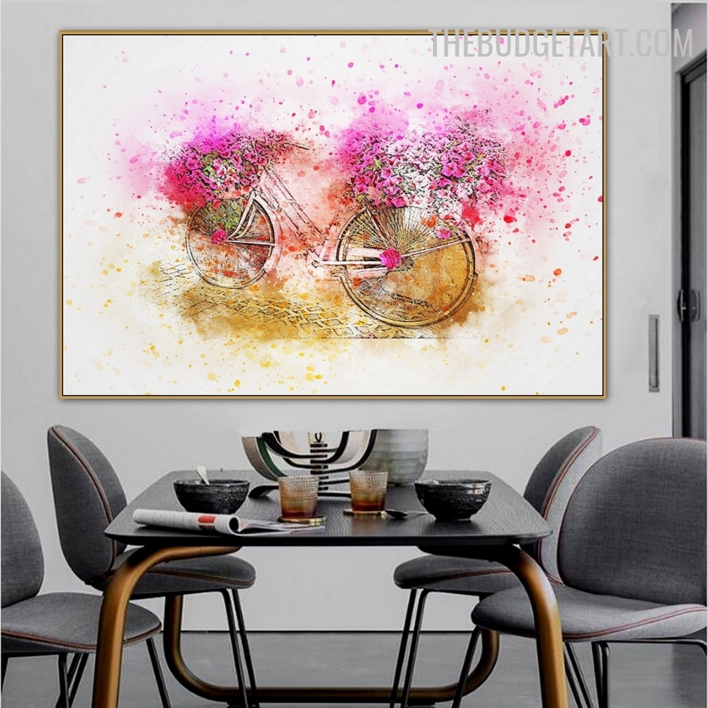 Floret Bicycle Abstract Contemporary Handmade Texture Painting on Canvas for Room Wall Decoration
