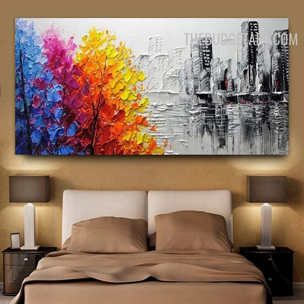 Sapling Building Colourful Handmade Palette Canvas Landscape Painting by Experienced Artist for Room Wall Moulding