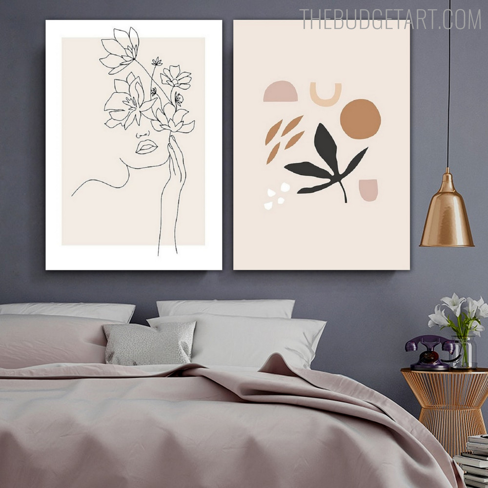 Flowers Woman Face Abstract Geometric Scandinavian Modern Painting Picture Canvas Print for Room Wall Molding