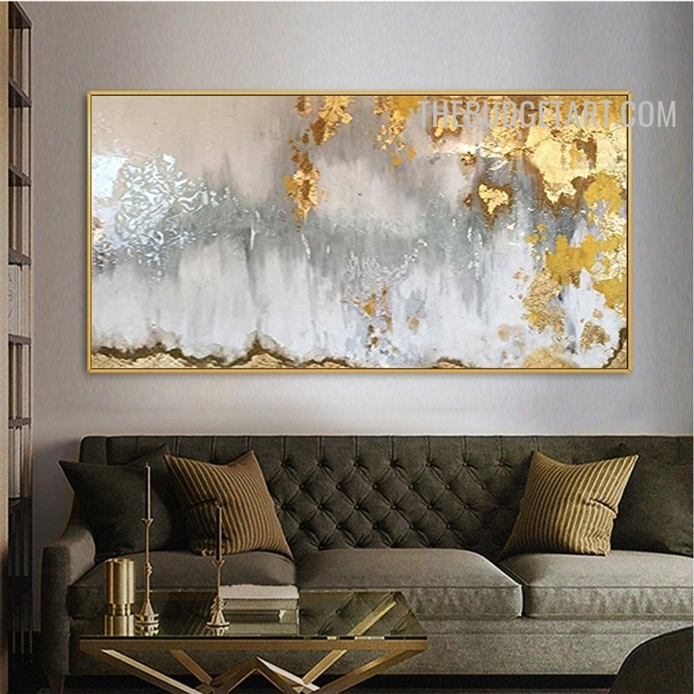 Gold Smudge Handmade Knife Abstract Contemporary Canvas Painting for Room Wall Adornment