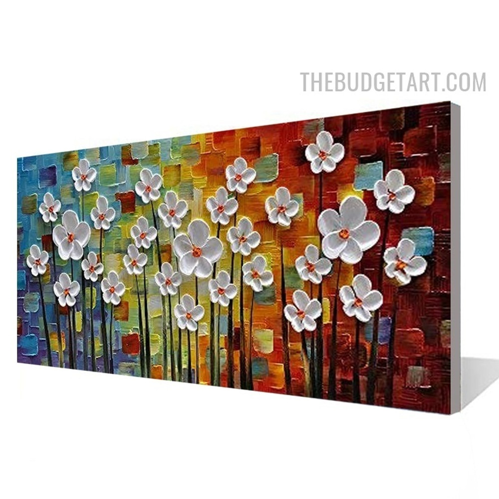 White Floweret Abstract Botanical Artist Handmade Knife Painting on Canvas for Room Wall Outfit