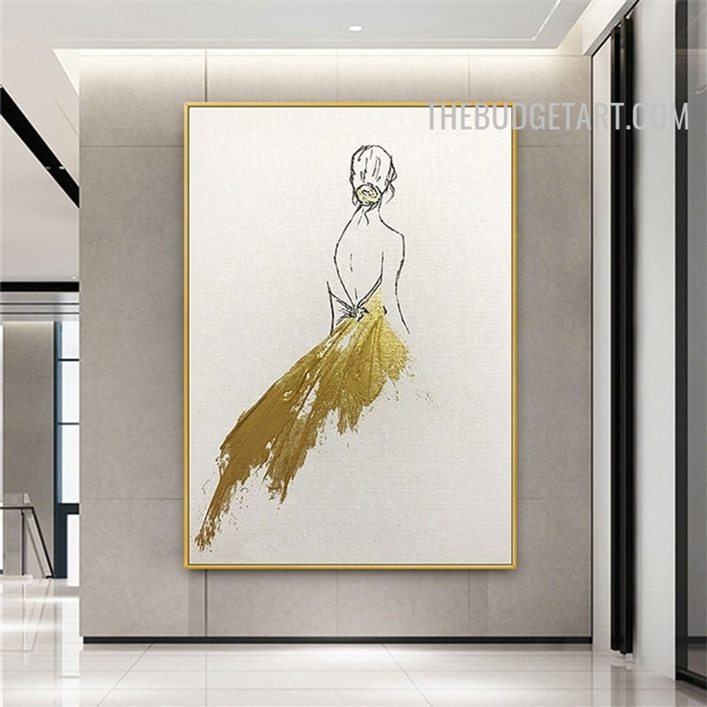 Golden Dame Woman Handmade Texture Canvas Contemporary Abstract Wall Art Done By Artist for Room Assortment