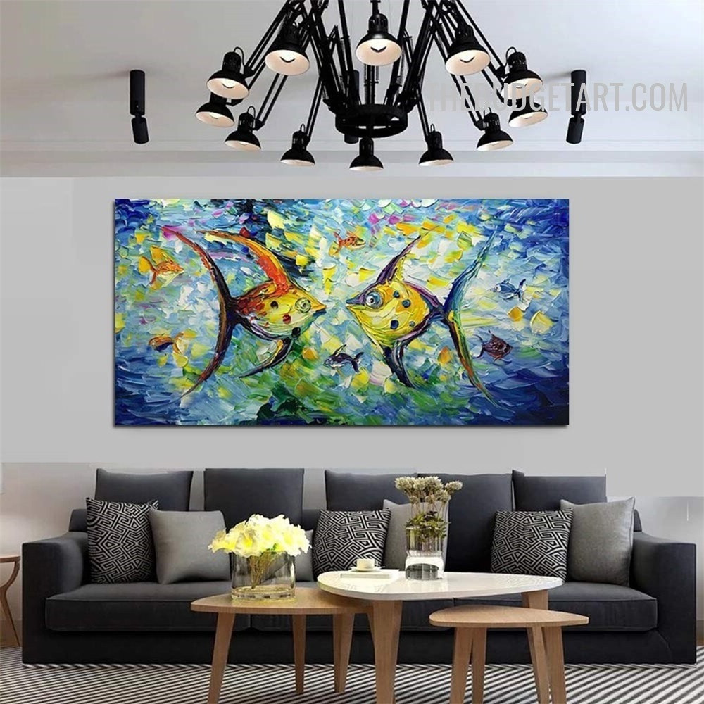 Colourful Fishes Animal Handmade Palette Abstract Canvas Artwork Wall Garnish