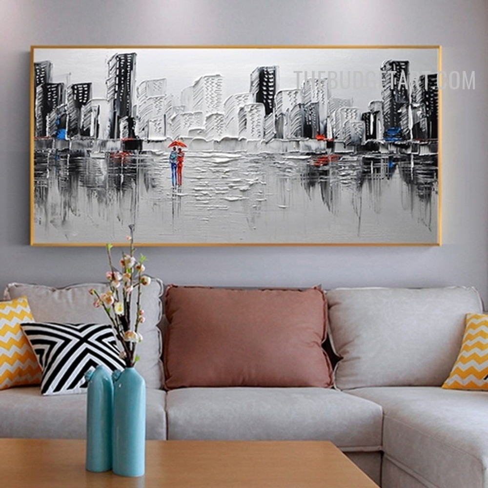 Couple Buildings Spots Handmade Contemporary Abstract Acrylic Canvas Painting Wall Hanging Trimming