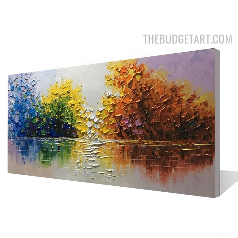Aqua Tree Water Abstract Naturescape 100% Artist Handmade Heavy Knife Canvas Painting for Room Wall Equipment