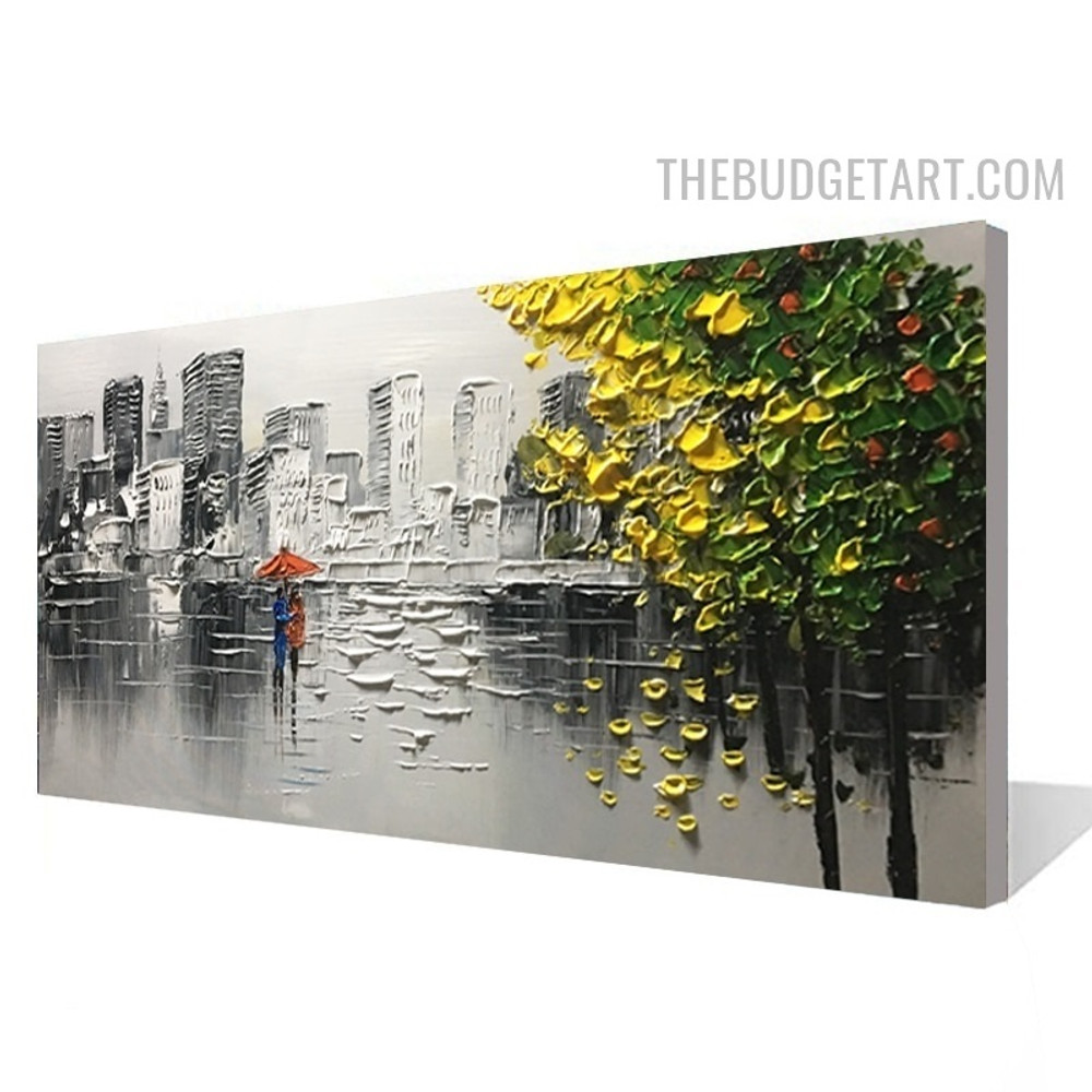 Blur Tree Buildings Abstract Handmade Palette Knife Landscape Wall Art Canvas for Room Getup