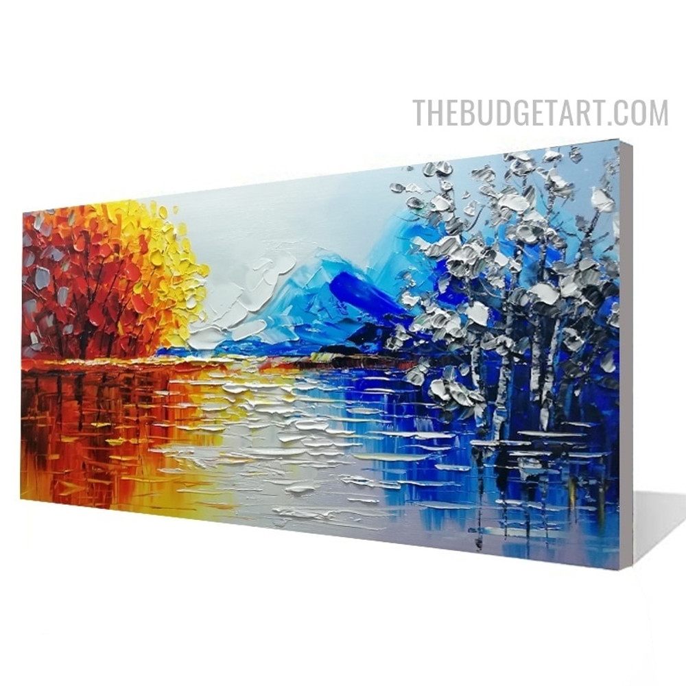 River Trees Hills Naturescape Abstract Art Handmade Knife Canvas Artwork for Room Wall Garnish