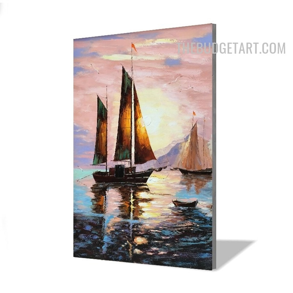 Sea Ships Sun Abstract Naturescape Art Handmade Knife Canvas Done By Artist for Wall Trimming