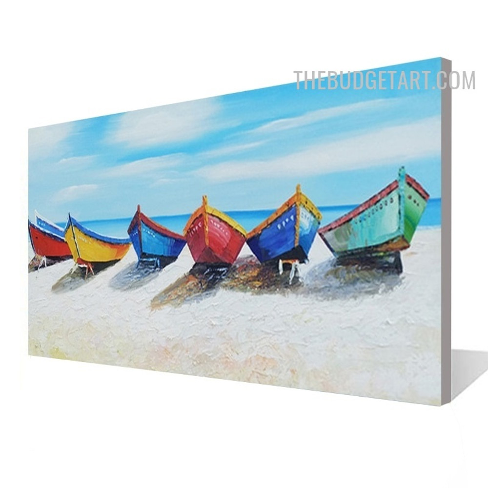 Seaside Boats Water Naturescape Contemporary Handmade Knife Canvas Painting for Room Wall Finery