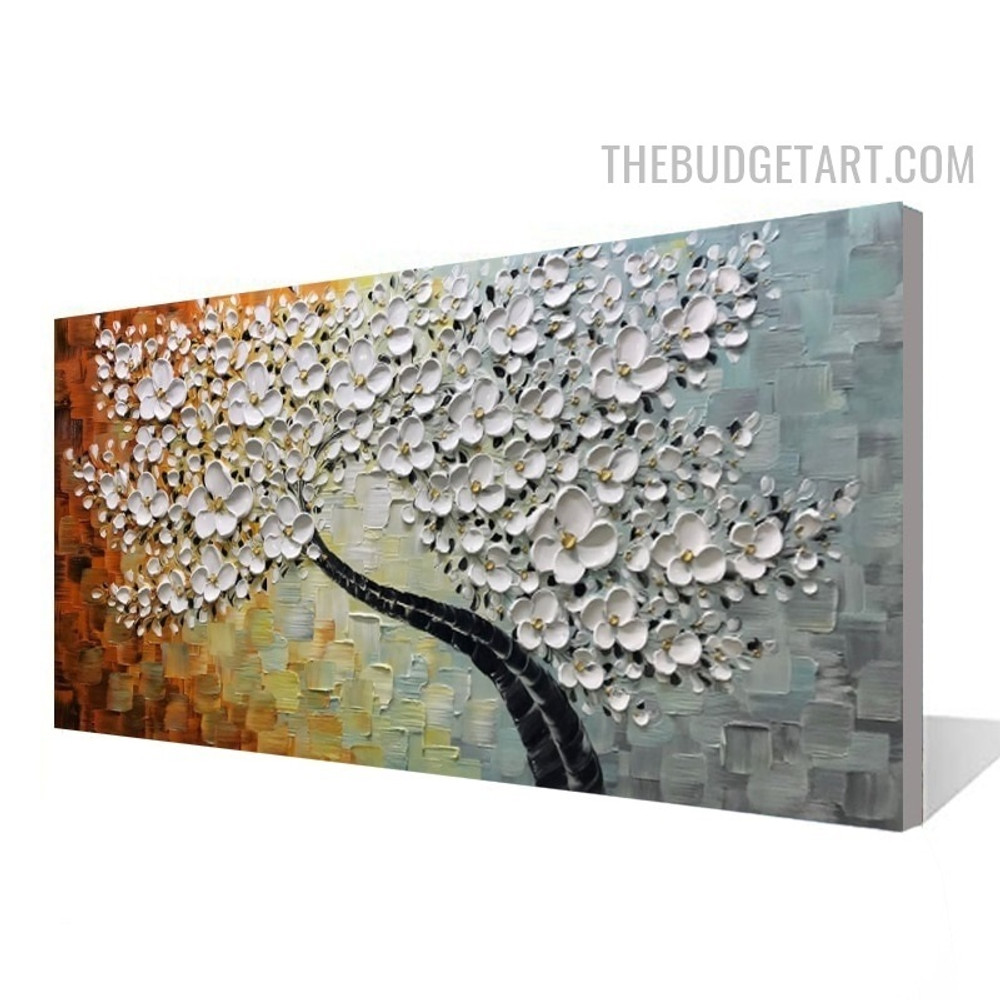 White Flowers Tree Spots Abstract Botanical Handmade Knife Canvas Painting for Room Wall Finery