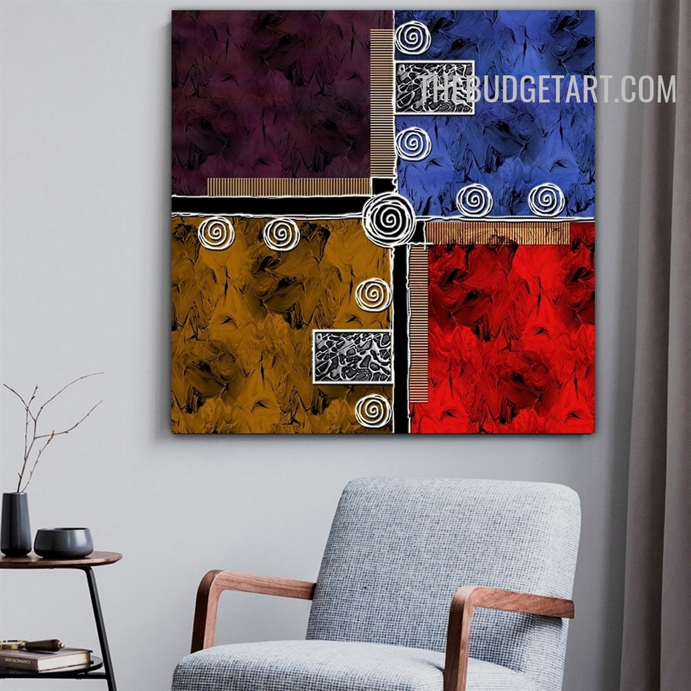 Rectangular Lines Circles Abstract Geometrical Artist Handmade Knife Painting on Canvas for Room Wall Outfit