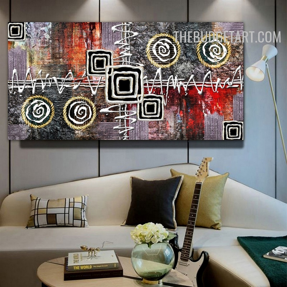 Square Streaks Circles Handmade Heavy Texture Canvas Painting Modern Abstract Geometric Wall Art for Room Adornment