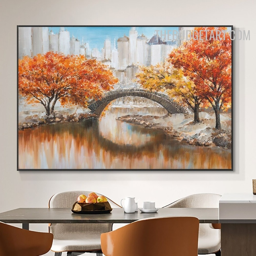 Pond Bridge Trees Handmade Palette Canvas Landscape Abstract Wall Art for Room Flourish