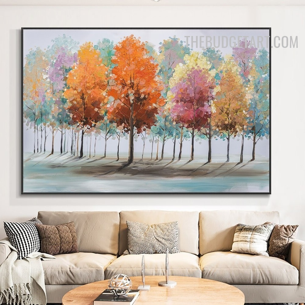 Colorific Trees Handmade Knife Abstract Botanical Canvas Painting for Room Wall Illumination