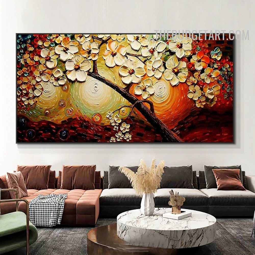 Sapling Bloom Spots Abstract Floret Handmade Knife Canvas Painting Done By Artist for Room Wall Embellishment