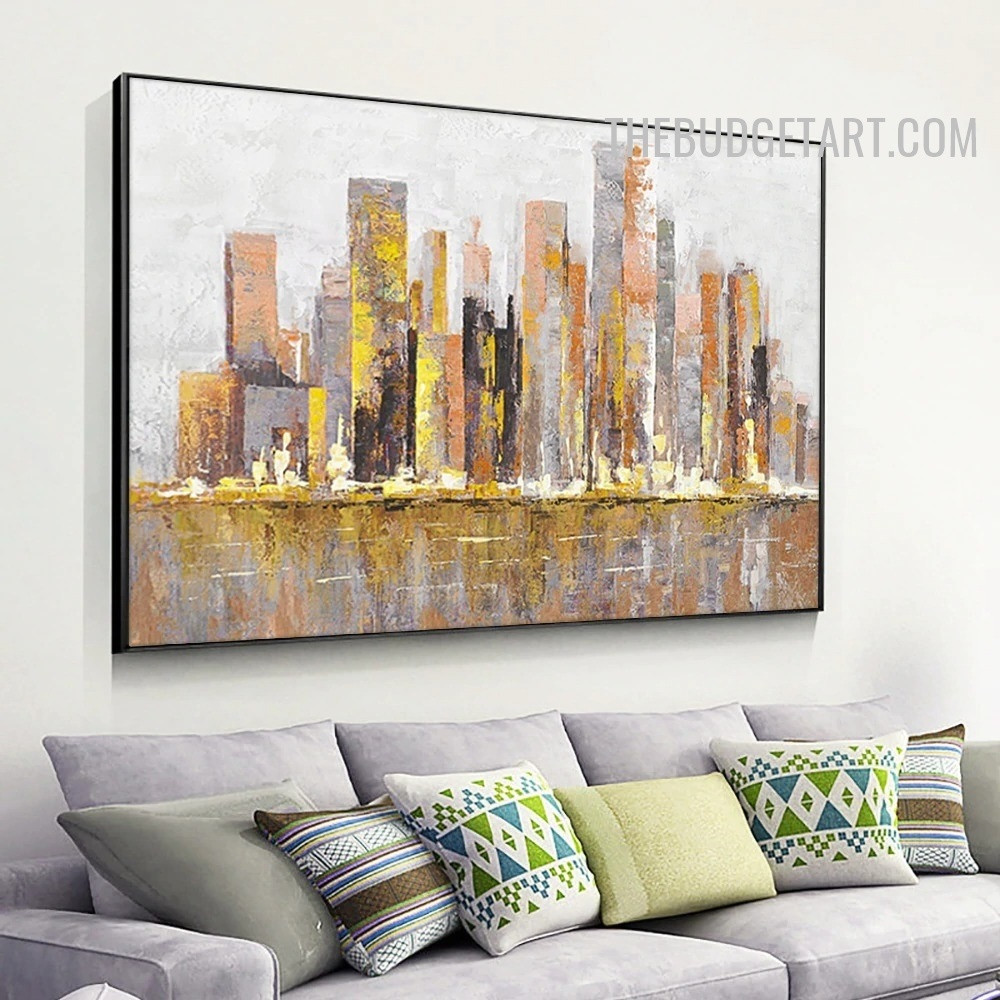 Blot Buildings Sea Colourful 100% Artist Handmade Texture Canvas Abstract Modern Artwork for Room Wall Onlay