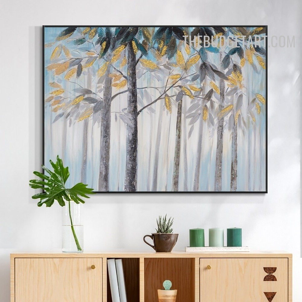 Golden Leaflets Tree Botanical Abstract Handmade Texture Canvas Painting for Room Wall Décor