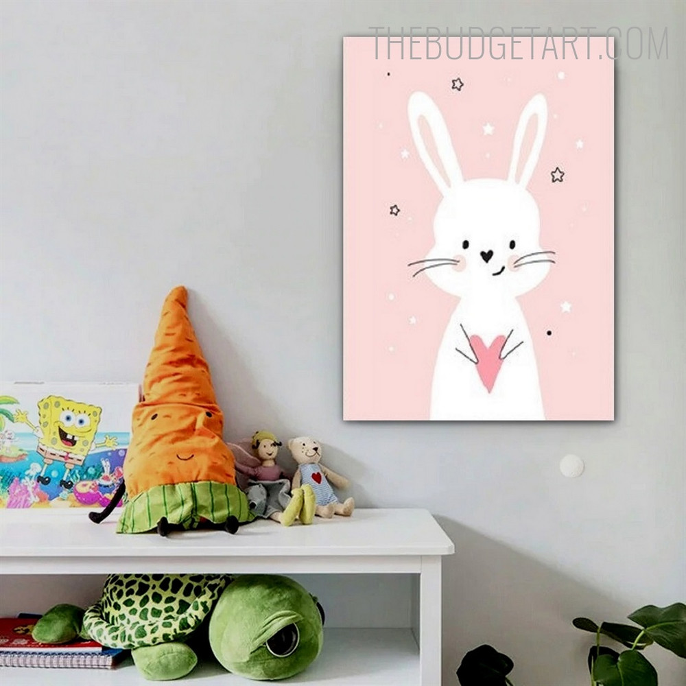Rabbit Heart Kids Art Modern Painting Image Canvas Print for Room Wall Trimming