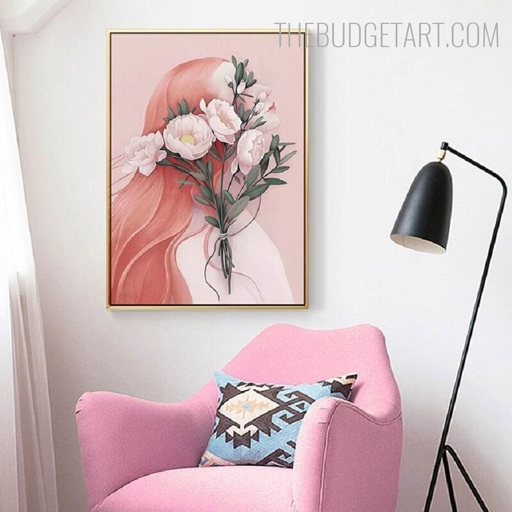 Lady And Flowers Floral Contemporary Painting Picture Canvas Print for Room Wall Molding