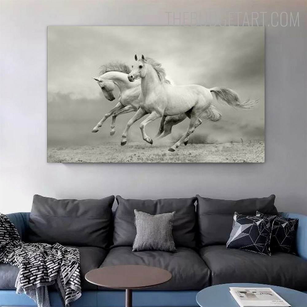 White Horses Running Animal Modern Painting Picture Canvas Print for Room Wall Décor