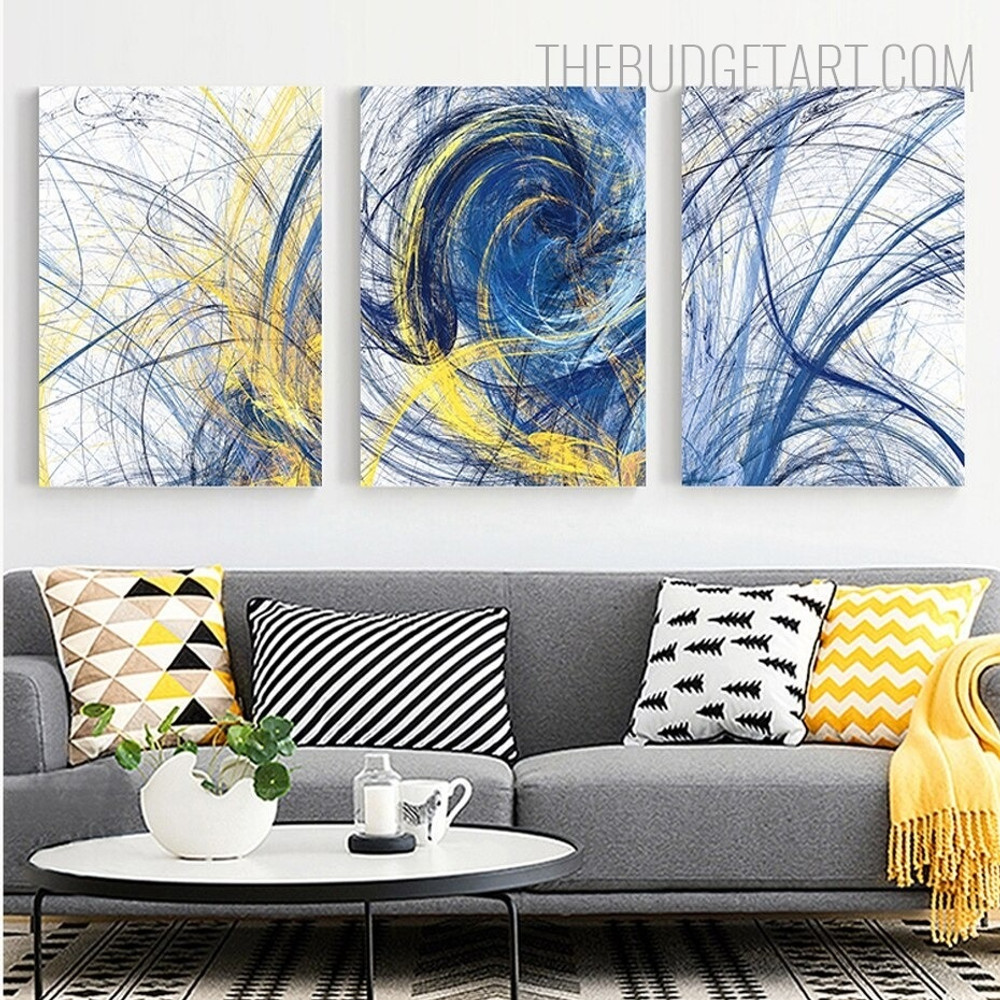 Blue Rambling Lines Abstract Watercolor Modern Painting Picture Canvas Print for Room Wall Drape