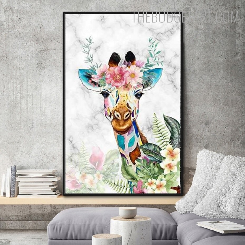 Flowers Giraffe Animal Modern Painting Picture Canvas Print for Room Wall Trimming