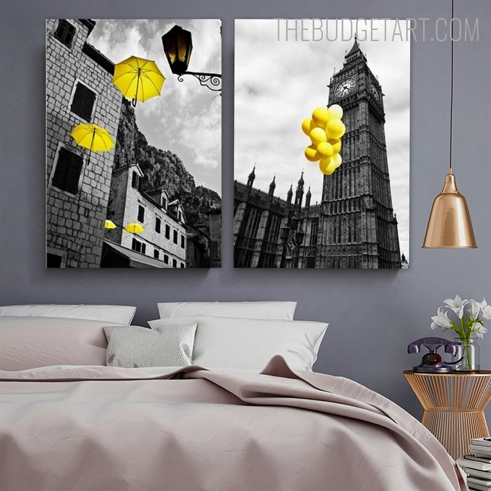 Umbrella Balloons Landscape Vintage Painting Image Canvas Print for Room Wall Getup