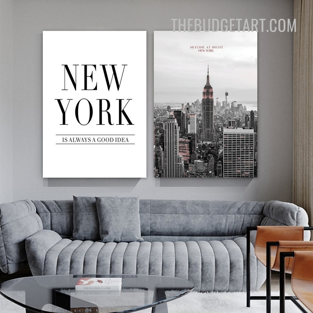 New York Empire State Building Typography Modern Painting Picture 2 Piece Wall Art Prints for Room Ornamentation