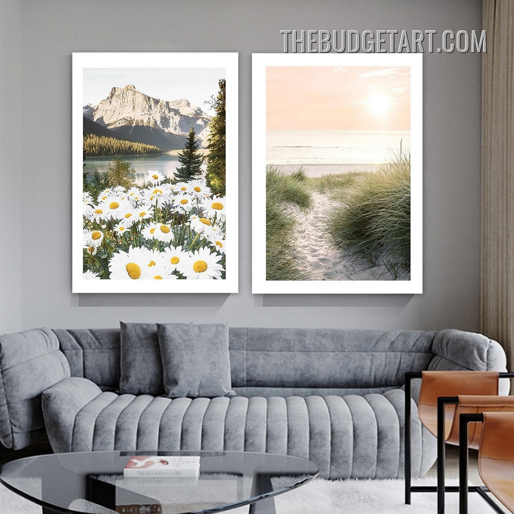 Ice Mountains Naturescape Modern Painting Picture 2 Piece Canvas Wall Art Prints for Room Equipment
