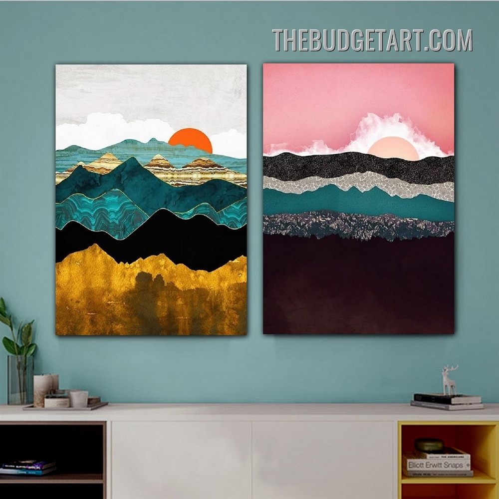 Multicolor Mountains Abstract Landscape Modern Painting Picture 2 Piece Canvas Wall Art Prints for Room Illumination