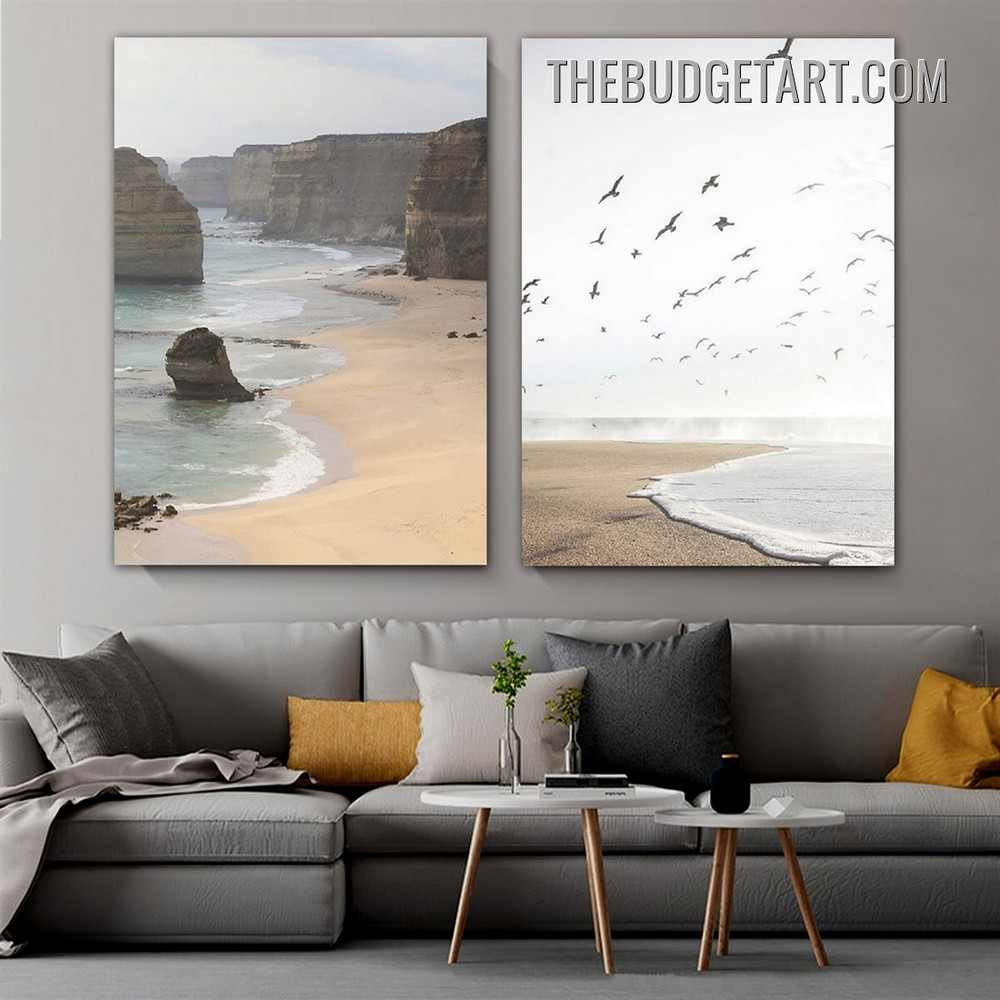 Beach Waves Landscape Vintage Painting Picture 2 Piece Canvas Wall Art Prints for Room Getup
