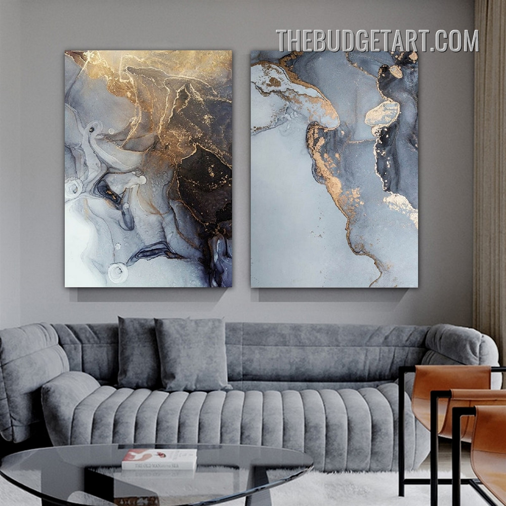 Grey Marble Design Abstract Modern Painting Picture 2 Piece Canvas Prints for Room Wall Embellishment