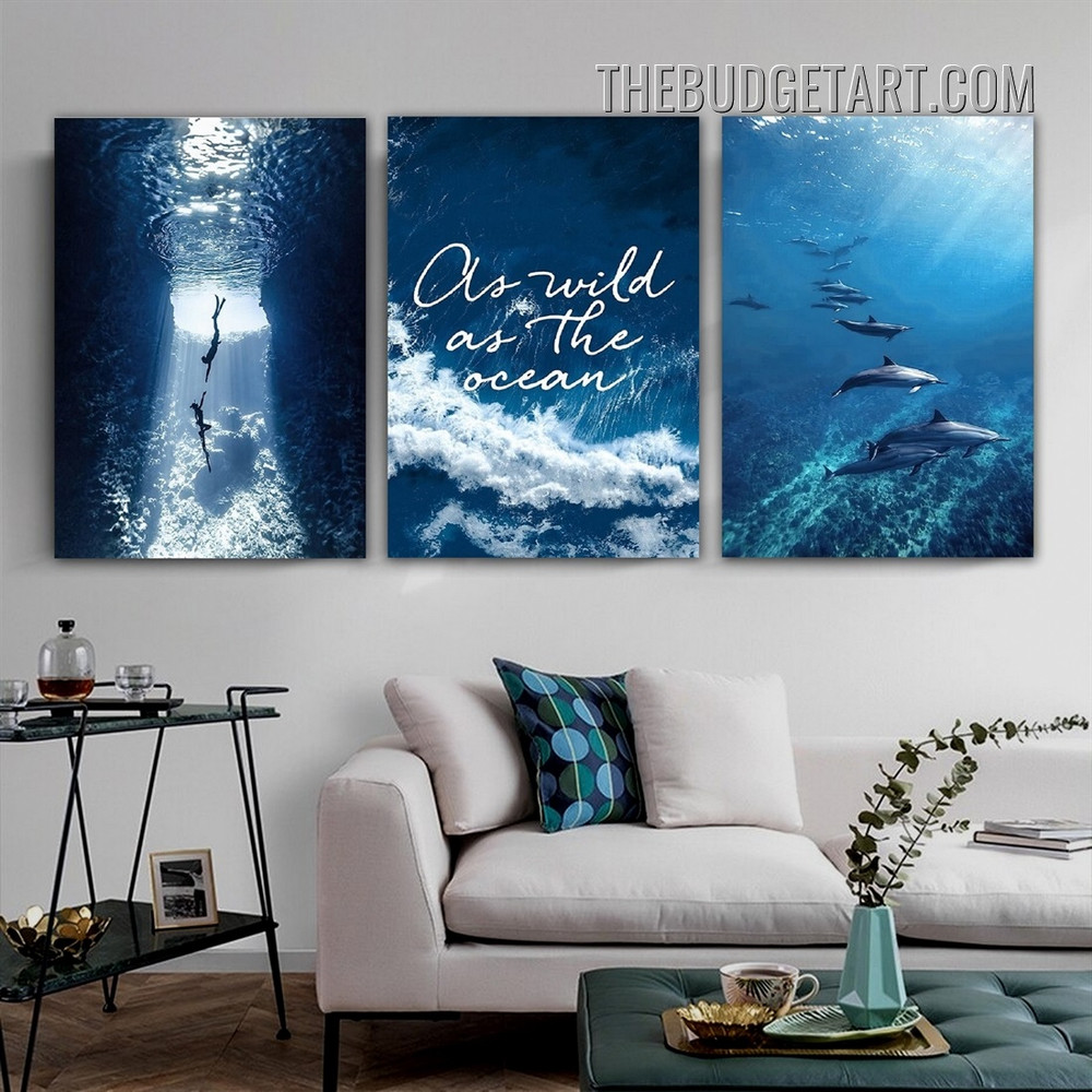 The Ocean Typography Modern Painting Picture 3 Piece Canvas Wall Art Prints for Room Trimming