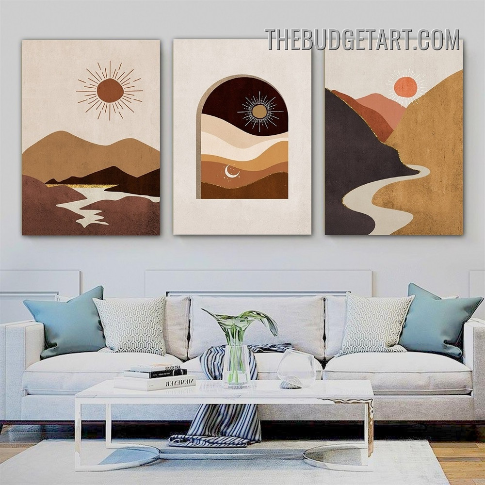 Mountains Sun Abstract Landscape Scandinavian Painting Picture 3 Piece Canvas Wall Art Prints for Room Trimming