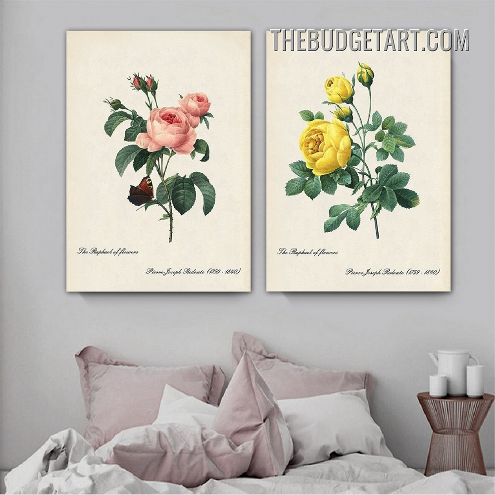 Yellowness Rose Floral Vintage Painting Picture 2 Piece Canvas Wall Art Prints for Room Molding