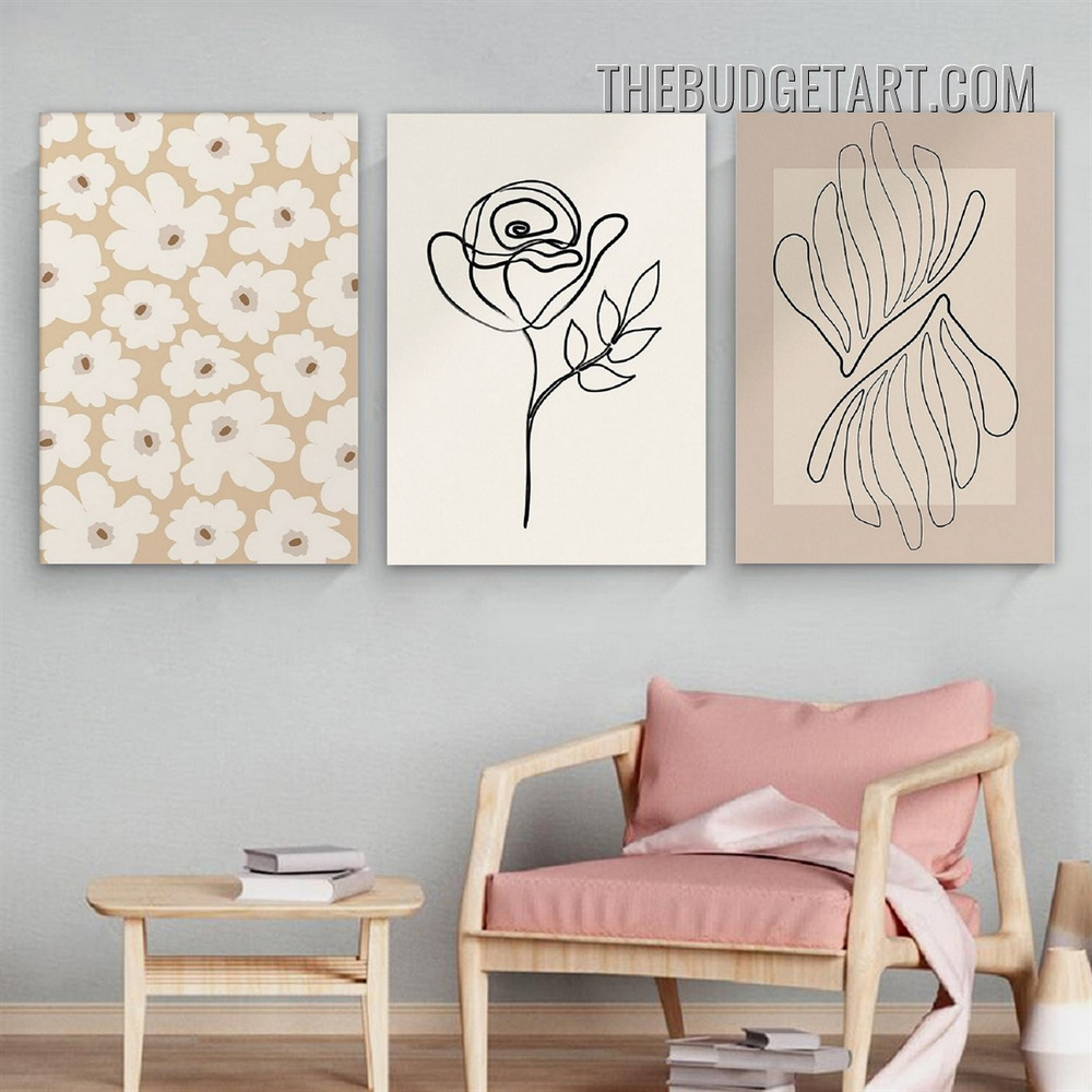 Meandering Line Flower Abstract Floral Scandinavian Painting Picture 3 Panel Canvas Wall Art Prints for Room Garnish