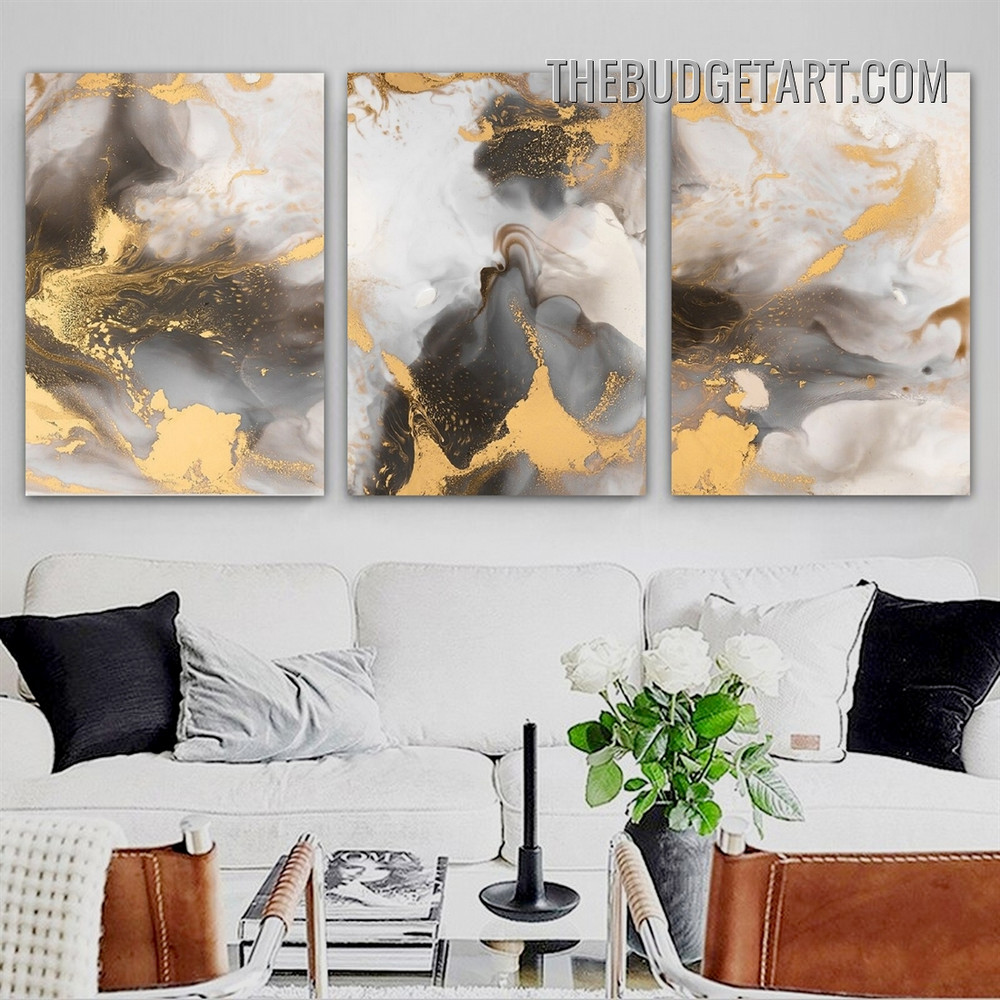 Glazy Patch Marble Abstract Modern Painting Picture 3 Piece Canvas Wall Art Prints for Room Tracery