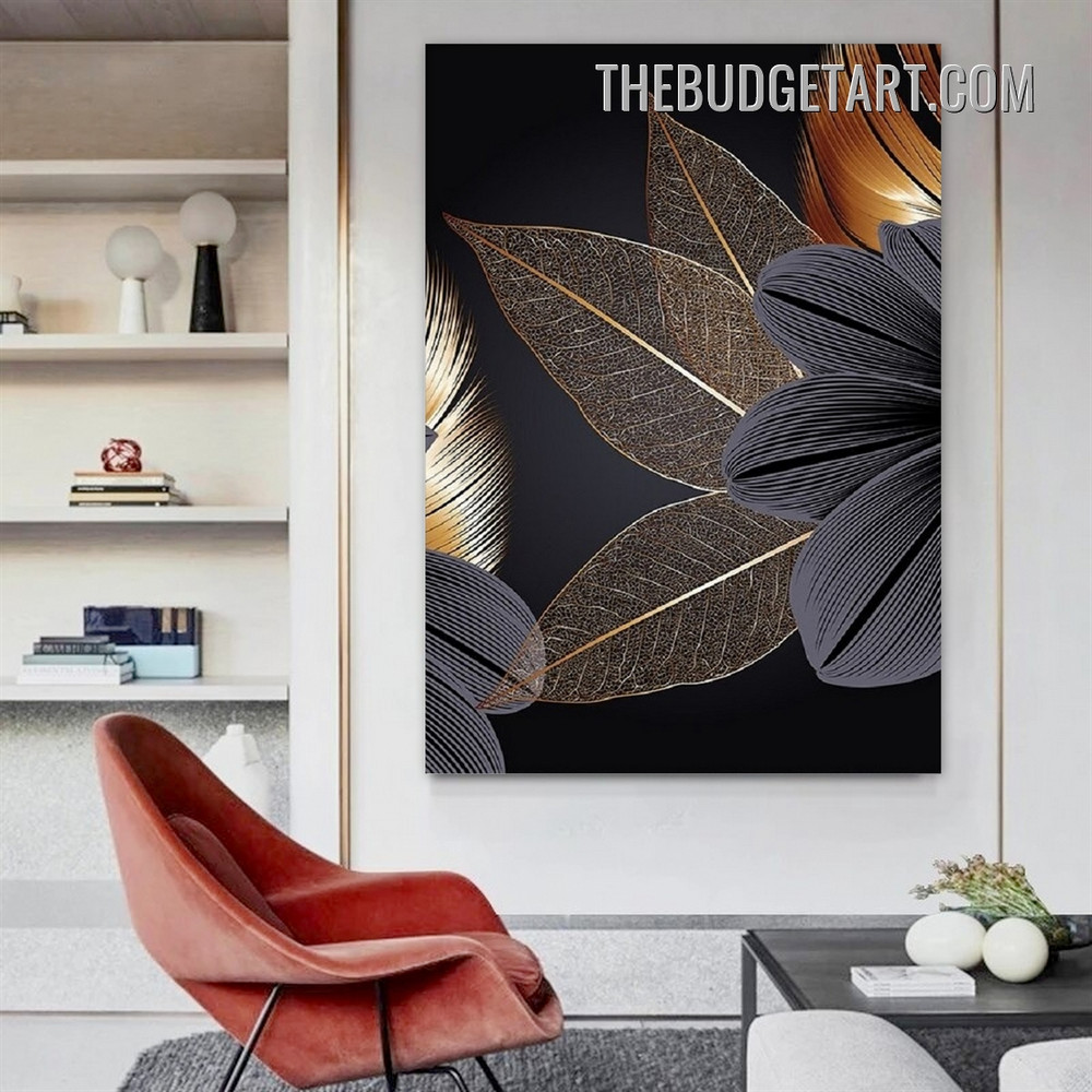 Black Golden Leaves Abstract Nordic Botanical Modern Painting Picture Canvas Wall Art Print for Room Finery