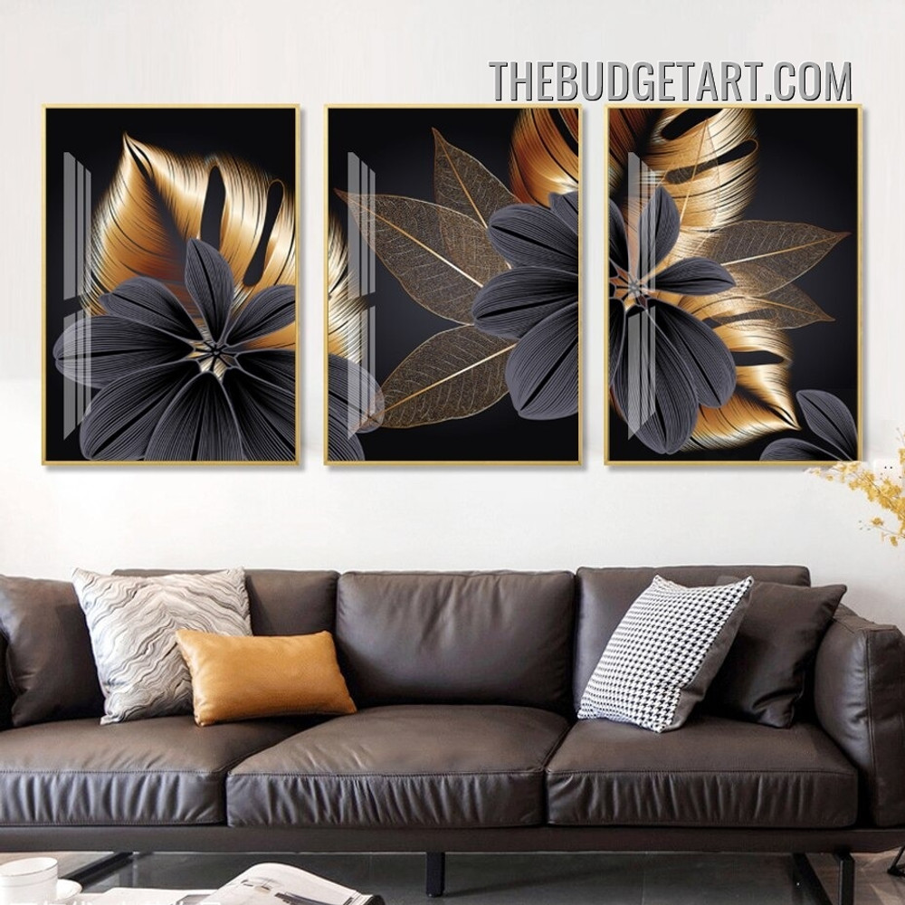 Black Leafages Plant Abstract Nordic Botanical Modern Painting Picture 3 Piece Canvas Wall Art Prints for Room Trimming