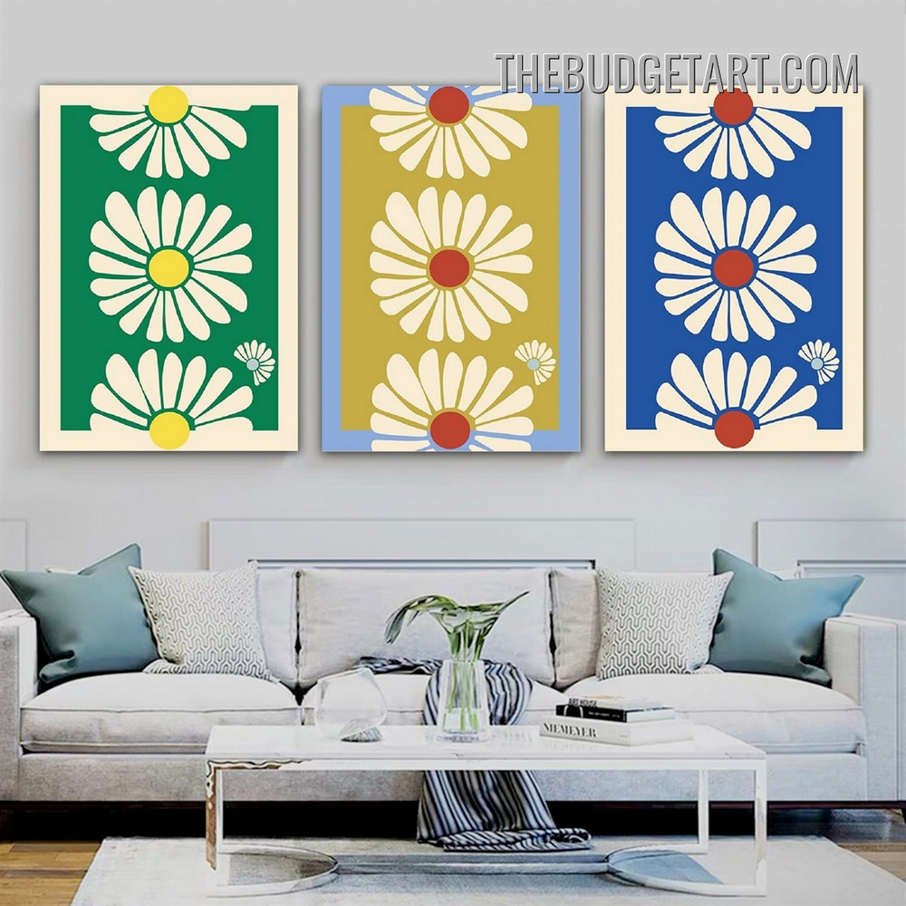 White Blossom Abstract Floral Modern Painting Picture 3 Panel Canvas Wall Art Prints for Room Getup