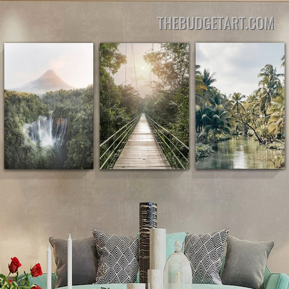 Waterfall Naturescape Modern Painting Picture 3 Panel Canvas Art Prints for Room Wall Outfit