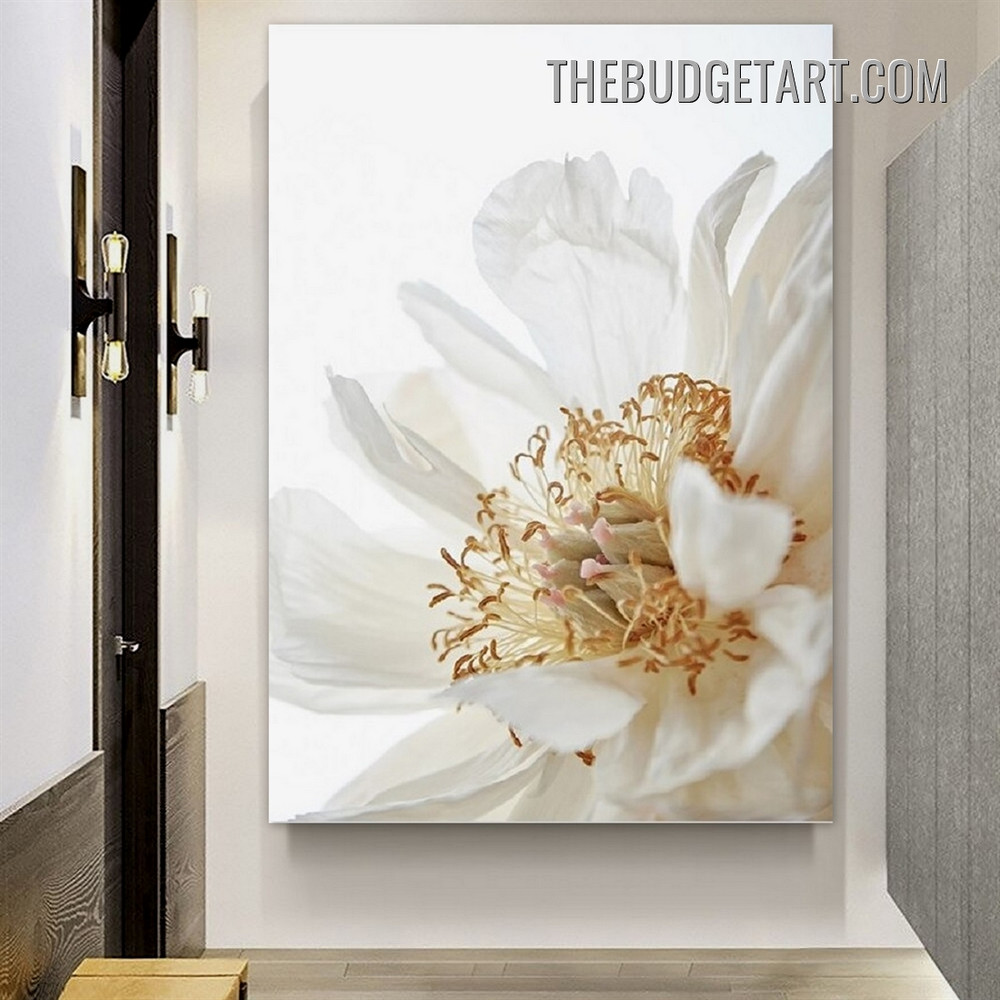 White Peony Flower Floral Modern Painting Picture Canvas Wall Art Print for Room Drape