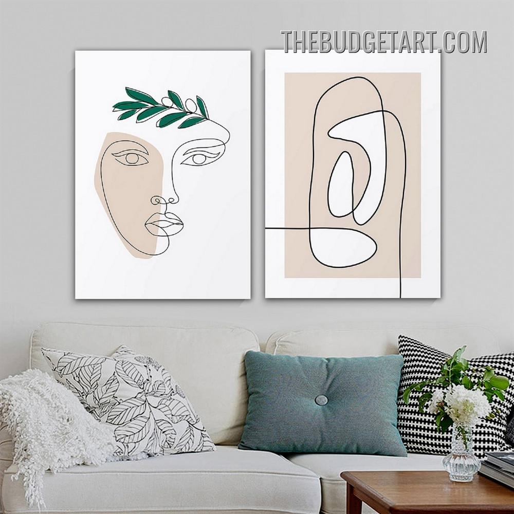 Twisting Line Face Abstract Modern Painting Picture 2 Piece Canvas Wall Art Prints for Room Molding