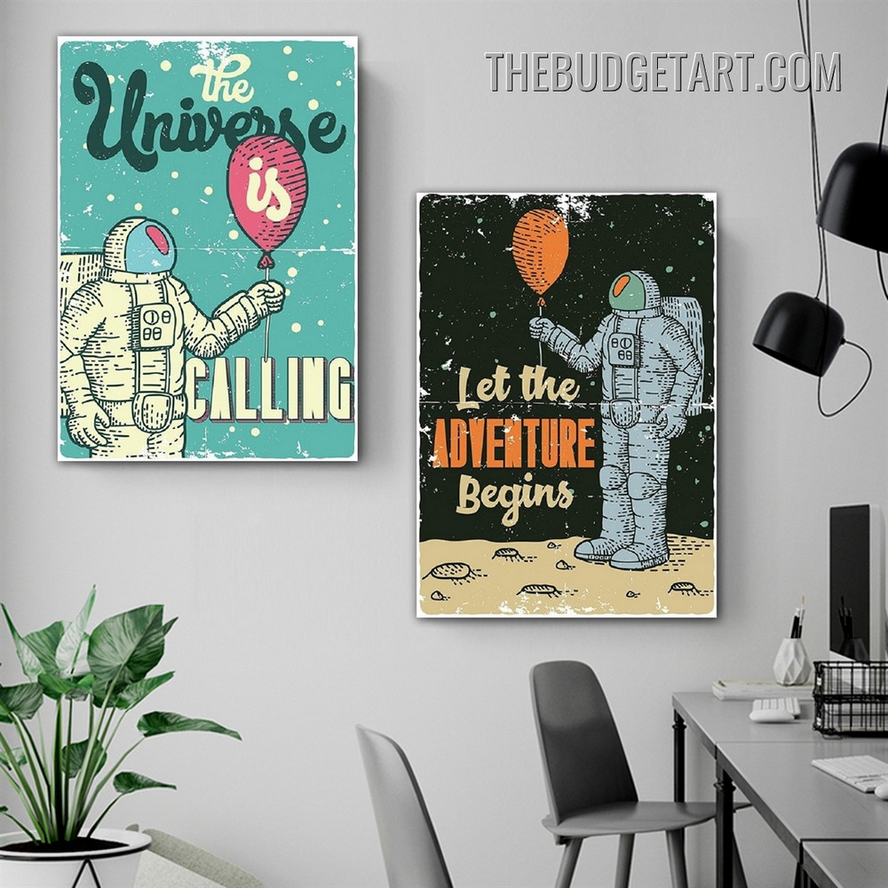 Astronaut Vintage Poster Painting Picture 2 Piece Canvas Art Prints for Room Wall Adornment