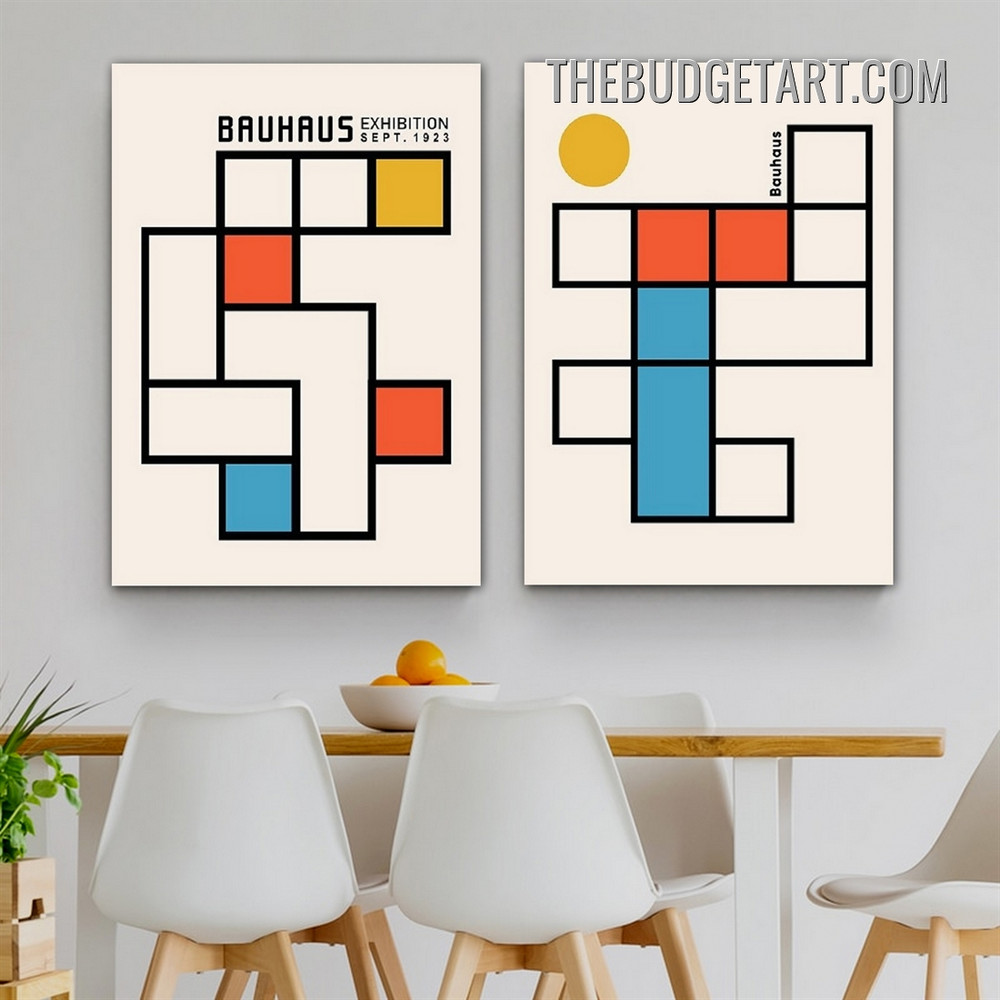 Squares Bauhaus Exhibition Typography Abstract Geometric Vintage Painting Picture 2 Piece Canvas Wall Art Prints for Room Arrangement