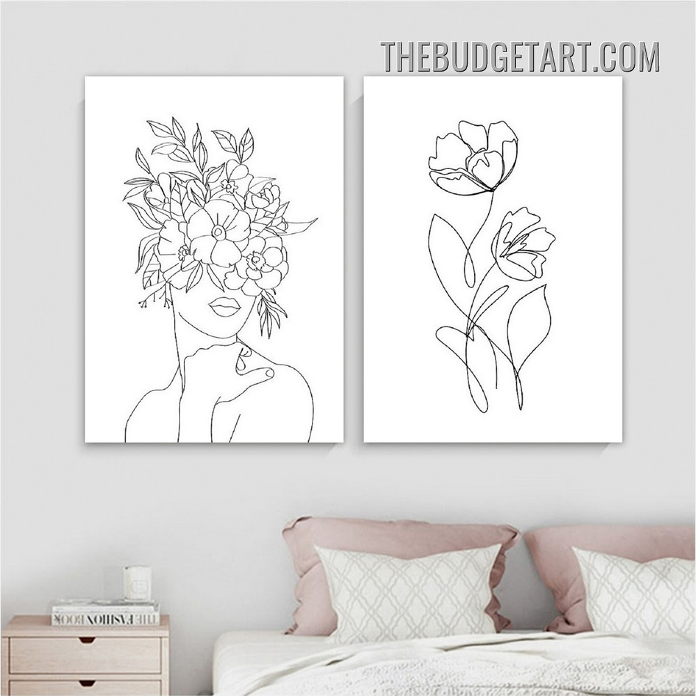 Meandering Lines Flowers Abstract Floral Modern Painting Picture 2 Piece Canvas Wall Art Prints for Room Trimming